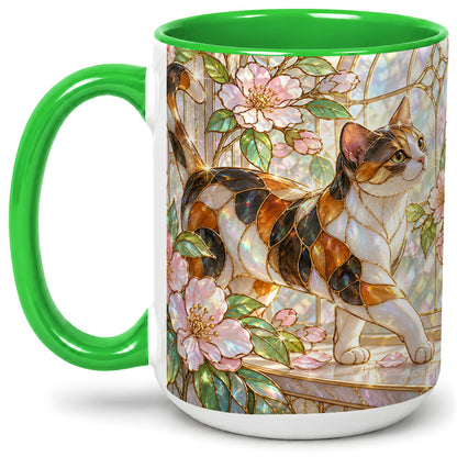 #pl[15oz|Green] Stained Glass Style Cat Ceramic Mug for Cat Lovers