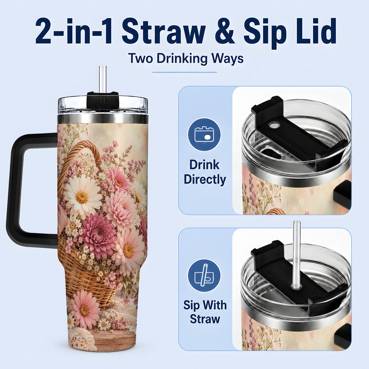 #pl[40oz|Black] Pink Flower Basket 40oz Tumbler for Flower Lovers