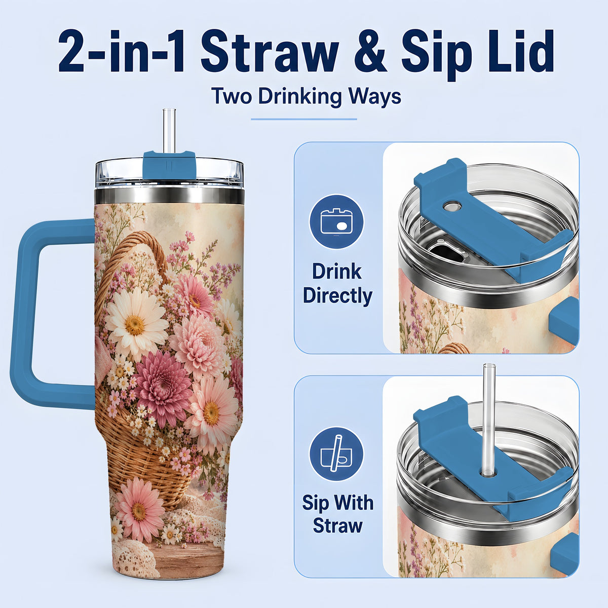 #pl[40oz|Blue] Pink Flower Basket 40oz Tumbler for Flower Lovers