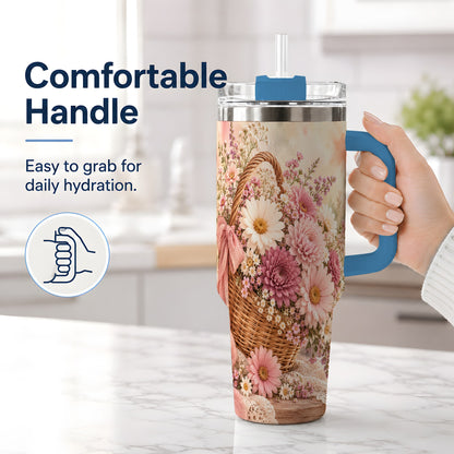 #pl[40oz|Blue] Pink Flower Basket 40oz Tumbler for Flower Lovers