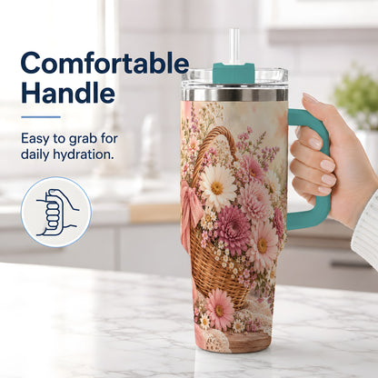 #pl[40oz|Green] Pink Flower Basket 40oz Tumbler for Flower Lovers