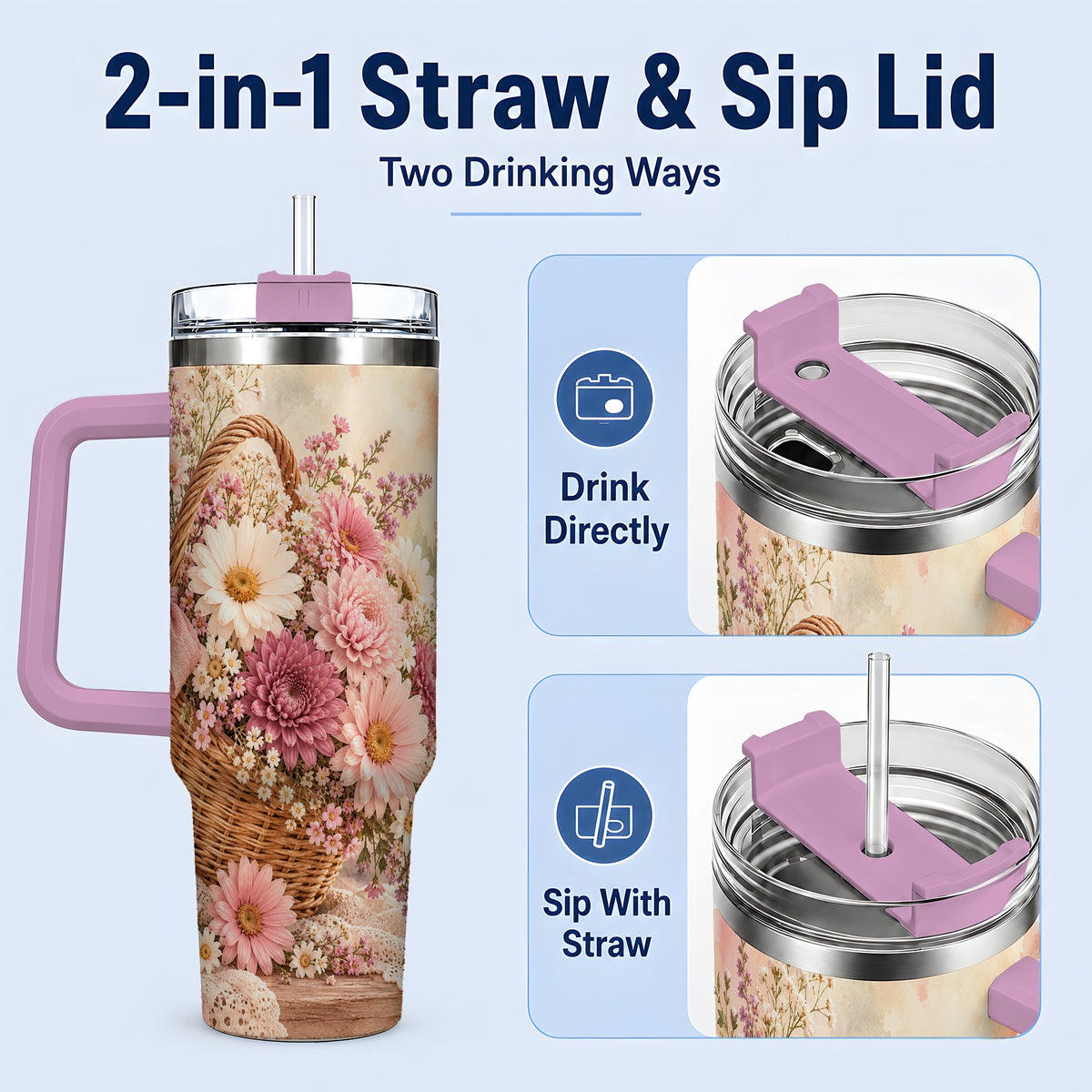 #pl[40oz|Pink] Pink Flower Basket 40oz Tumbler for Flower Lovers