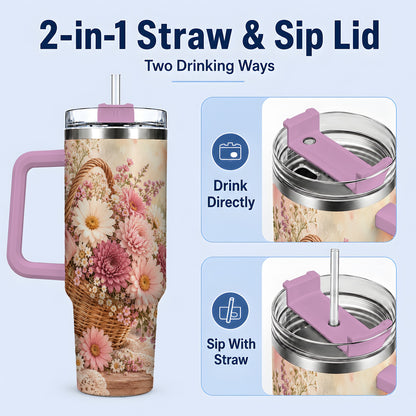 #pl[40oz|Pink] Pink Flower Basket 40oz Tumbler for Flower Lovers
