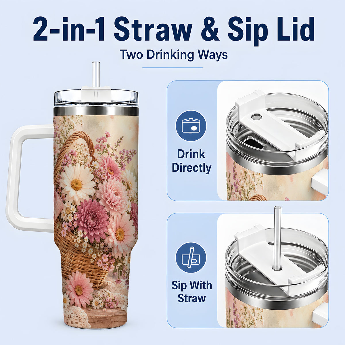 #pl[40oz|White] Pink Flower Basket 40oz Tumbler for Flower Lovers