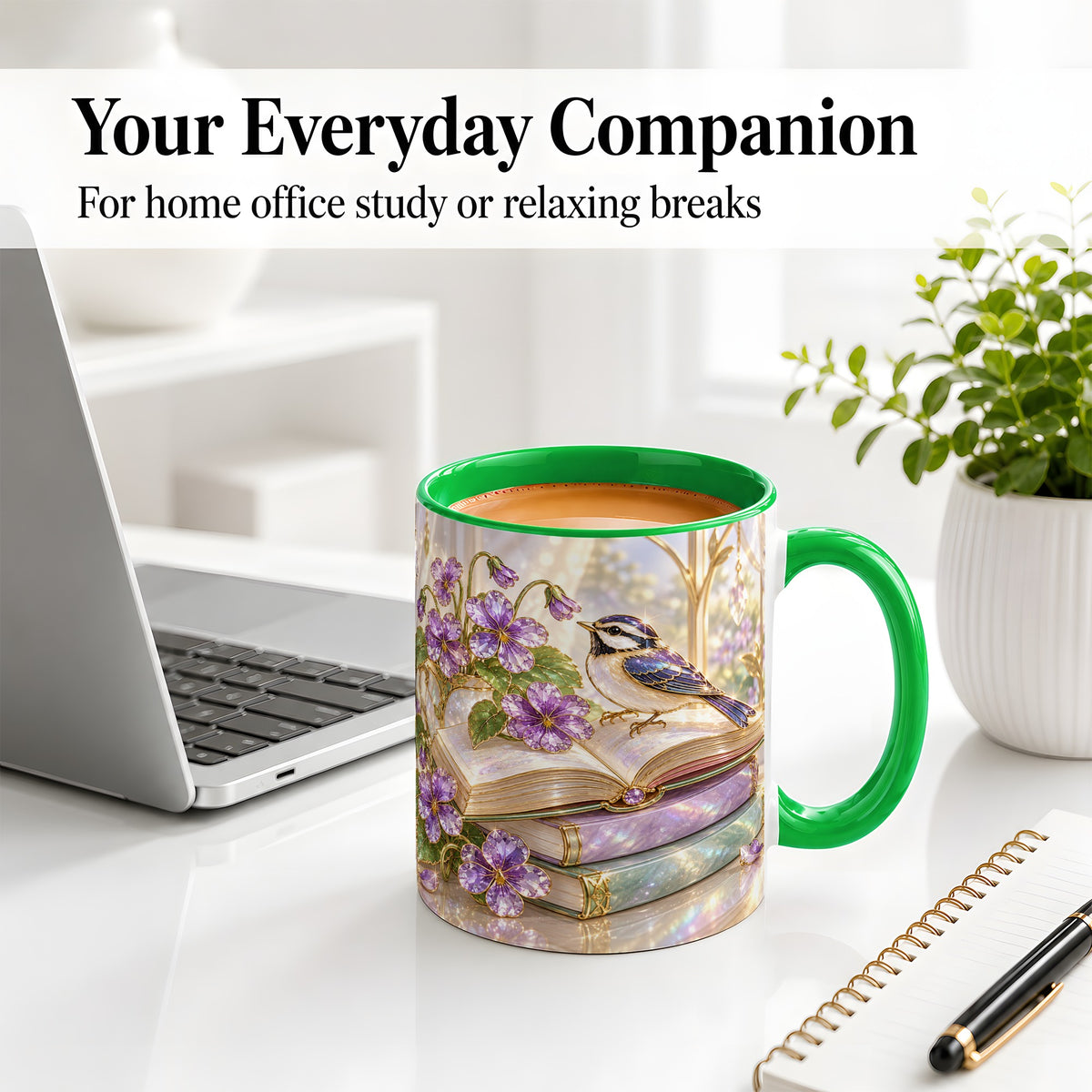 #pl[11oz|Green] Blue Bird Purple Flowers Ceramic Mug for Book Lovers