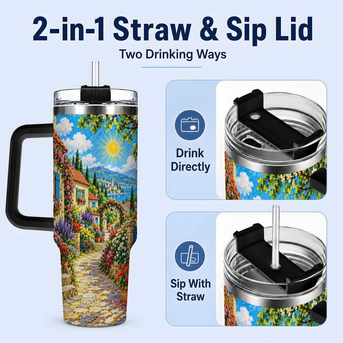 #pl[40oz|Black] Coastal Village Garden 40oz Tumbler for Travel Lovers