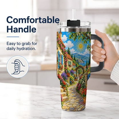 #pl[40oz|Black] Coastal Village Garden 40oz Tumbler for Travel Lovers