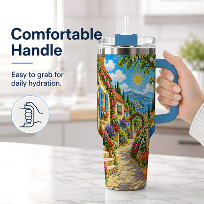 #pl[40oz|Blue] Coastal Village Garden 40oz Tumbler for Travel Lovers