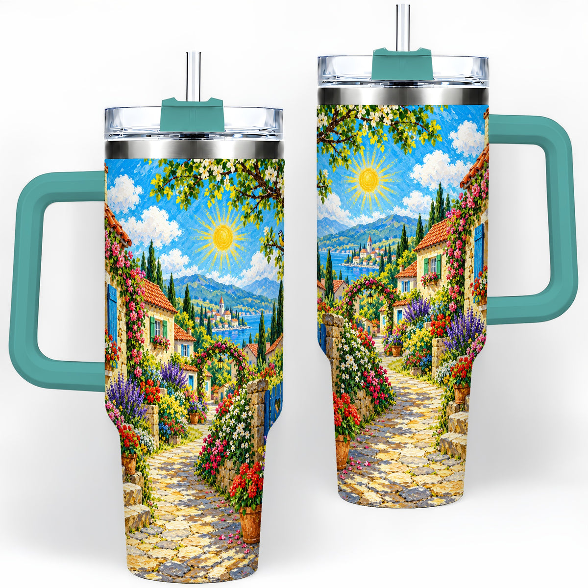 #pl[40oz|Green] Coastal Village Garden 40oz Tumbler for Travel Lovers
