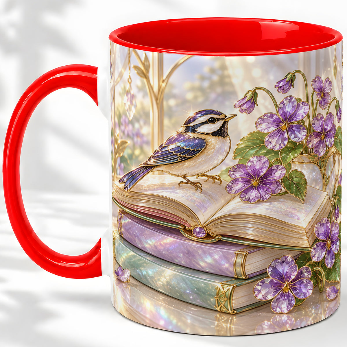 Blue Bird Purple Flowers Ceramic Mug for Book Lovers