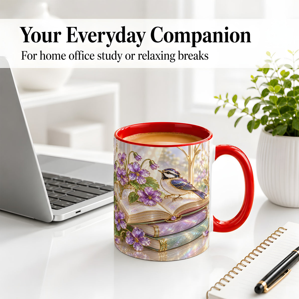 #pl[11oz|Red] Blue Bird Purple Flowers Ceramic Mug for Book Lovers