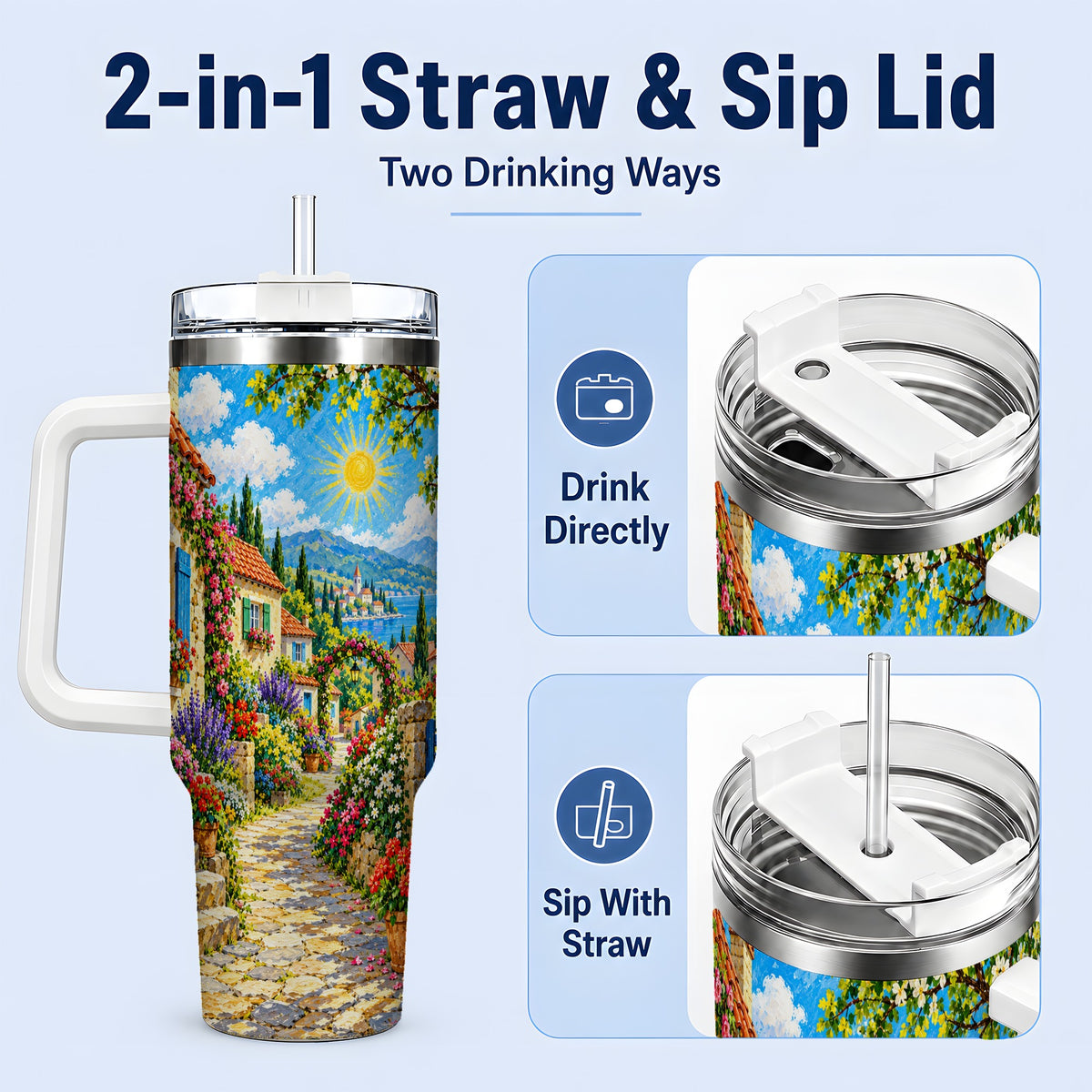 #pl[40oz|White] Coastal Village Garden 40oz Tumbler for Travel Lovers