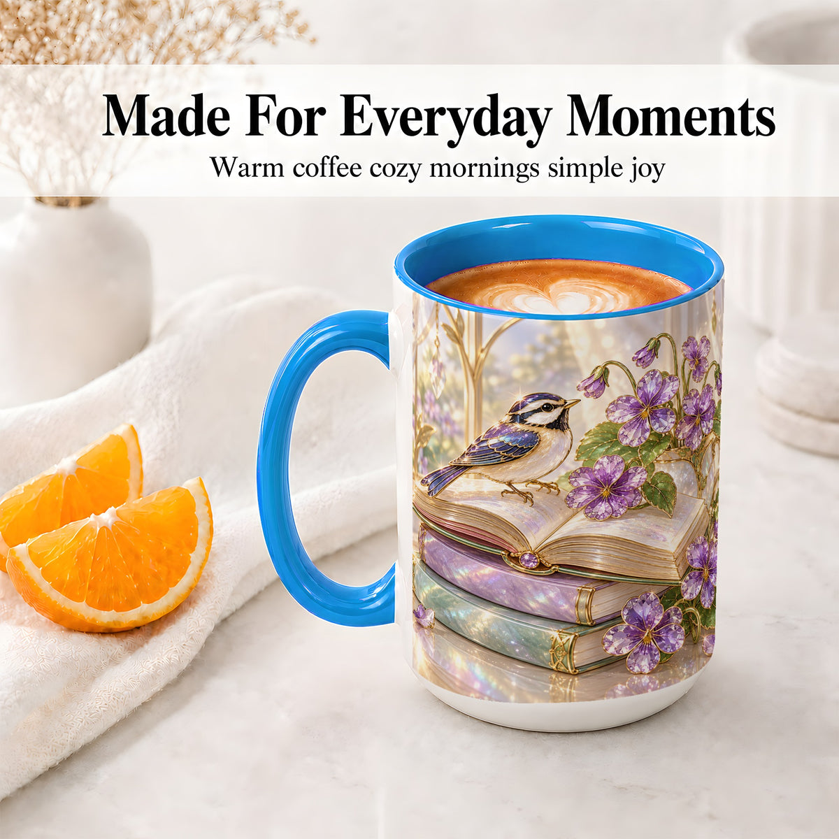#pl[15oz|Blue] Blue Bird Purple Flowers Ceramic Mug for Book Lovers