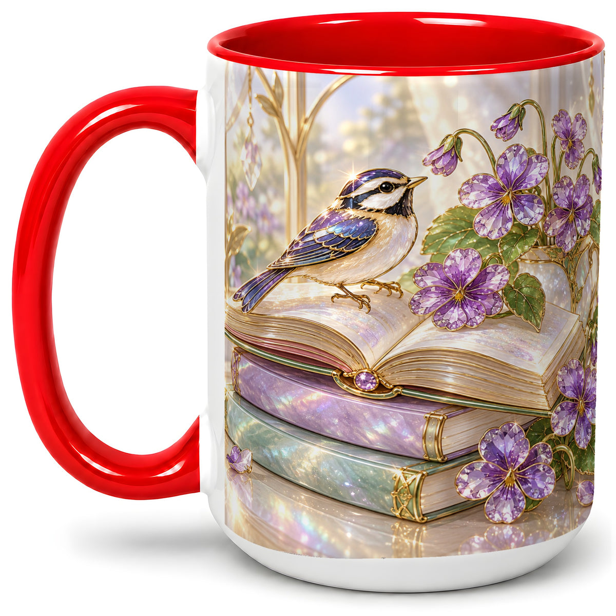 #pl[15oz|Red] Blue Bird Purple Flowers Ceramic Mug for Book Lovers