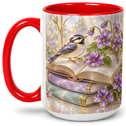 #pl[15oz|Red] Blue Bird Purple Flowers Ceramic Mug for Book Lovers