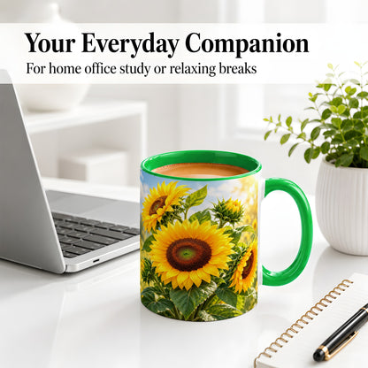 #pl[11oz|Green] Sunflower Accent Mug, Ceramic Mug with Bright Floral Artwork