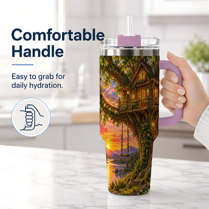 #pl[40oz|Pink] Treehouse Sunset 40oz Tumbler for Nature Lovers
