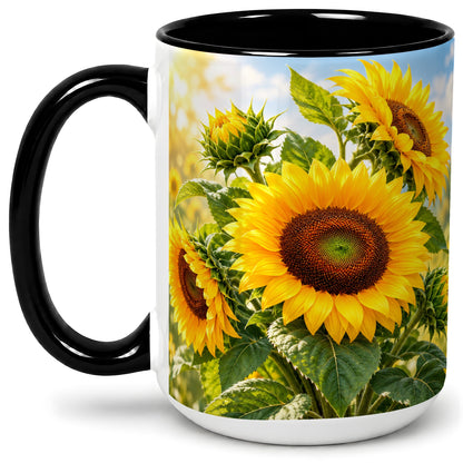 #pl[15oz|Black] Sunflower Accent Mug, Ceramic Mug with Bright Floral Artwork