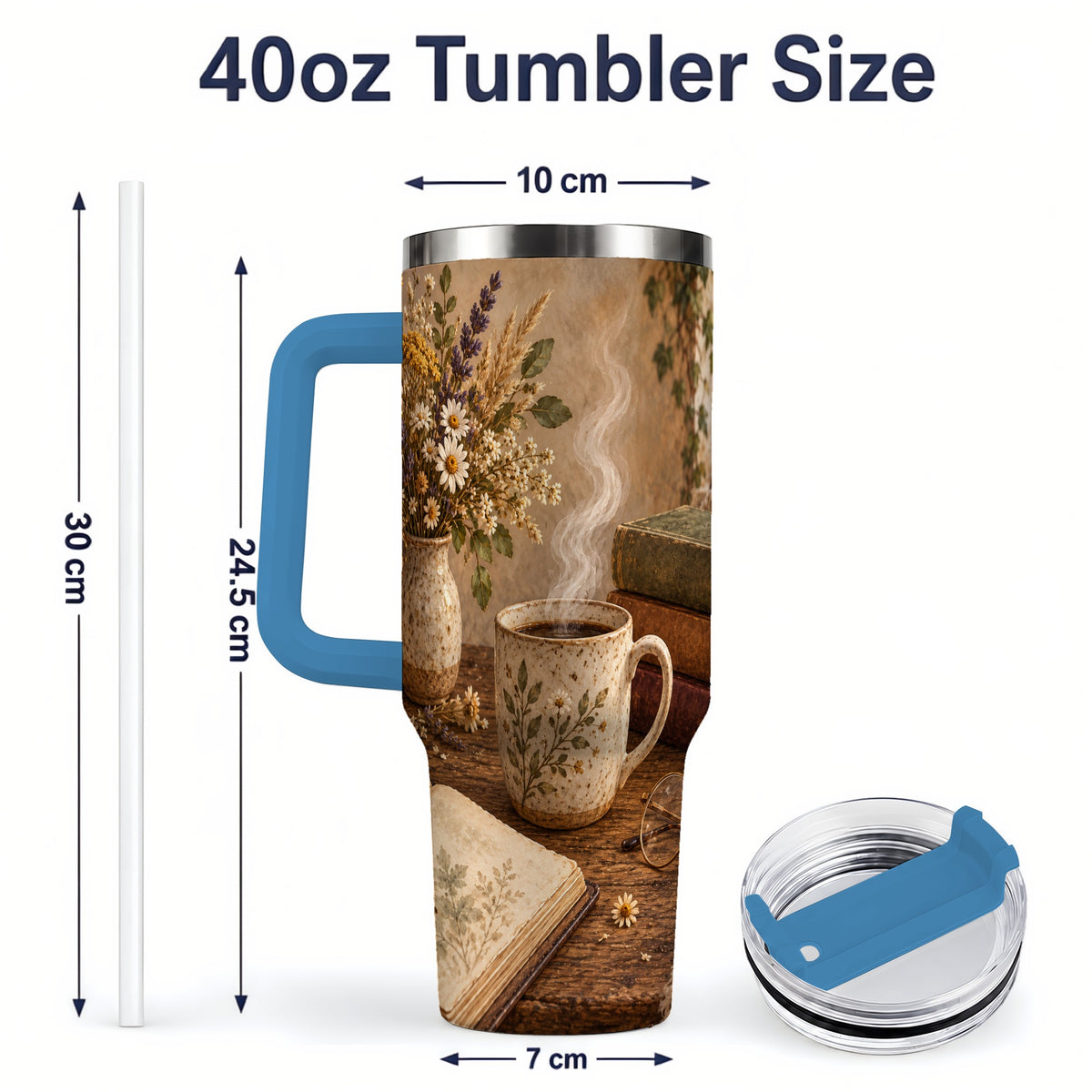 #pl[40oz|Blue] Cozy Reading Floral 40oz Tumbler for Book Lovers