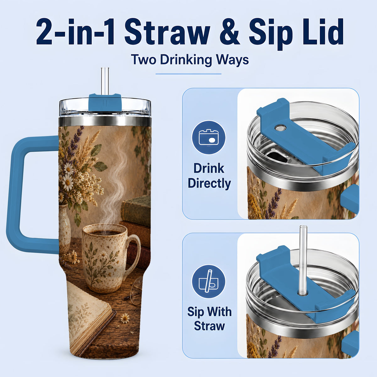 #pl[40oz|Blue] Cozy Reading Floral 40oz Tumbler for Book Lovers