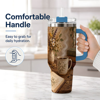 #pl[40oz|Blue] Cozy Reading Floral 40oz Tumbler for Book Lovers