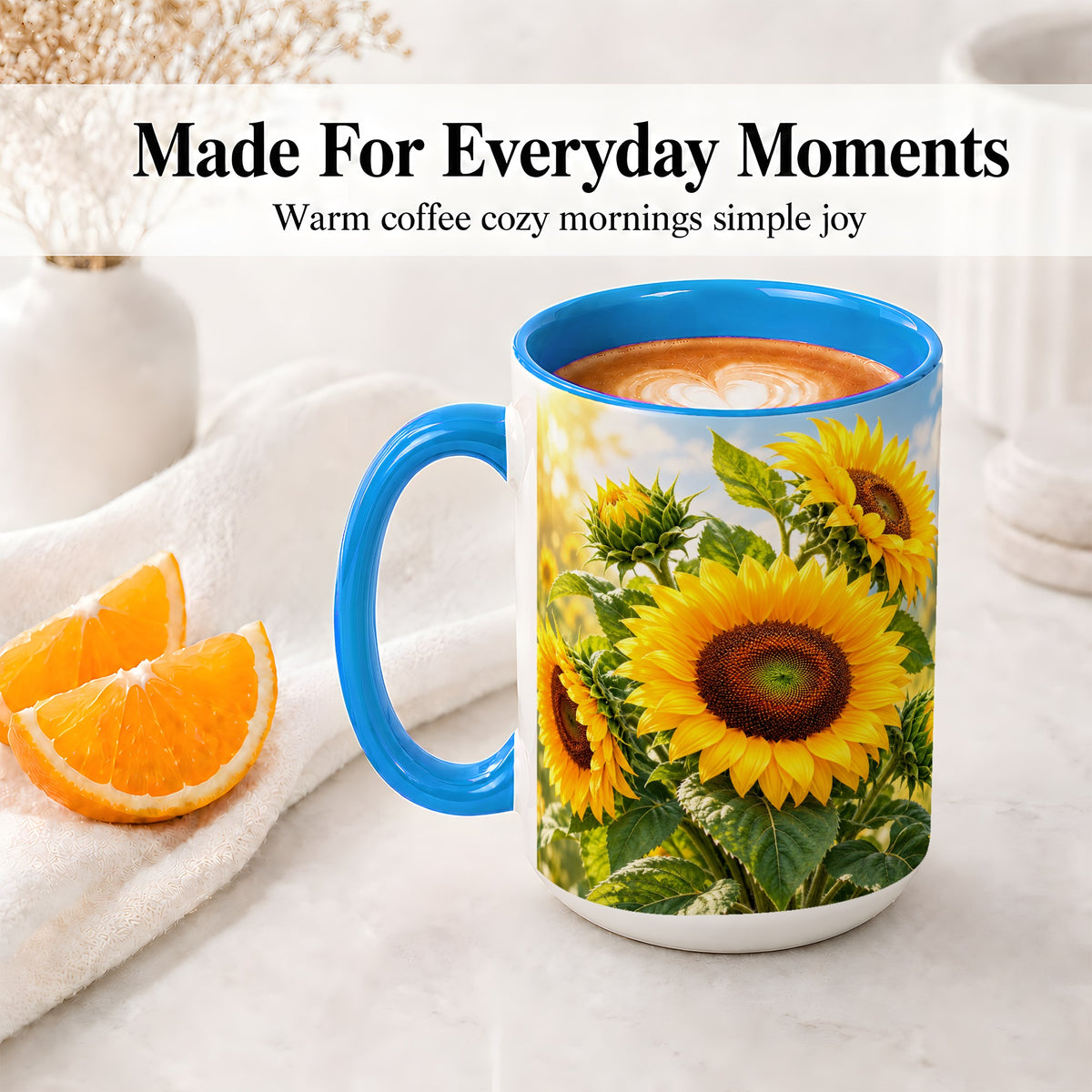 #pl[15oz|Blue] Sunflower Accent Mug, Ceramic Mug with Bright Floral Artwork