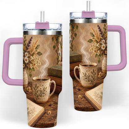 #pl[40oz|Pink] Cozy Reading Floral 40oz Tumbler for Book Lovers