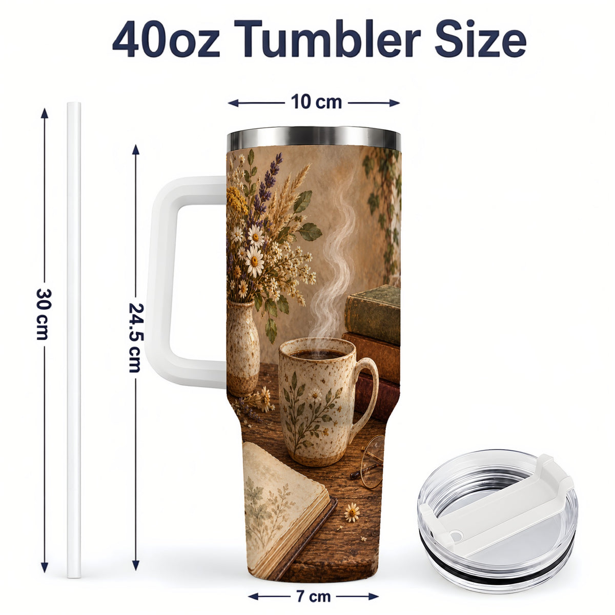 #pl[40oz|White] Cozy Reading Floral 40oz Tumbler for Book Lovers
