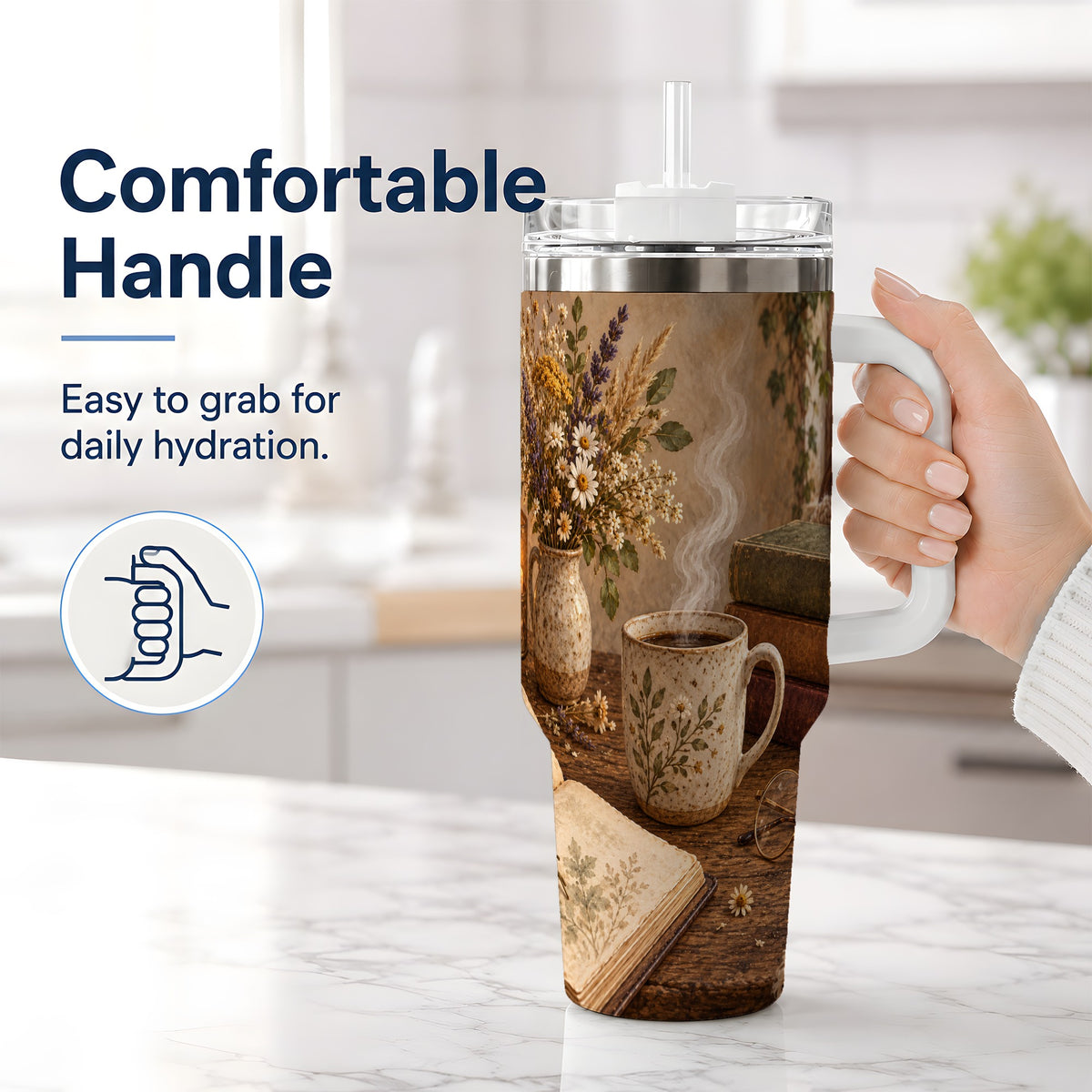 #pl[40oz|White] Cozy Reading Floral 40oz Tumbler for Book Lovers