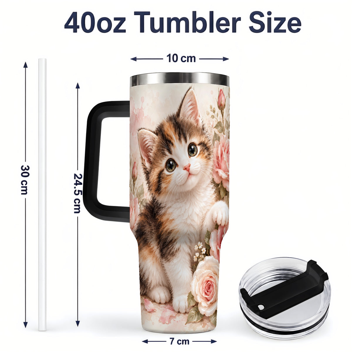 #pl[40oz|Black] Calico Kitten Roses 40oz Tumbler for Cat Lovers