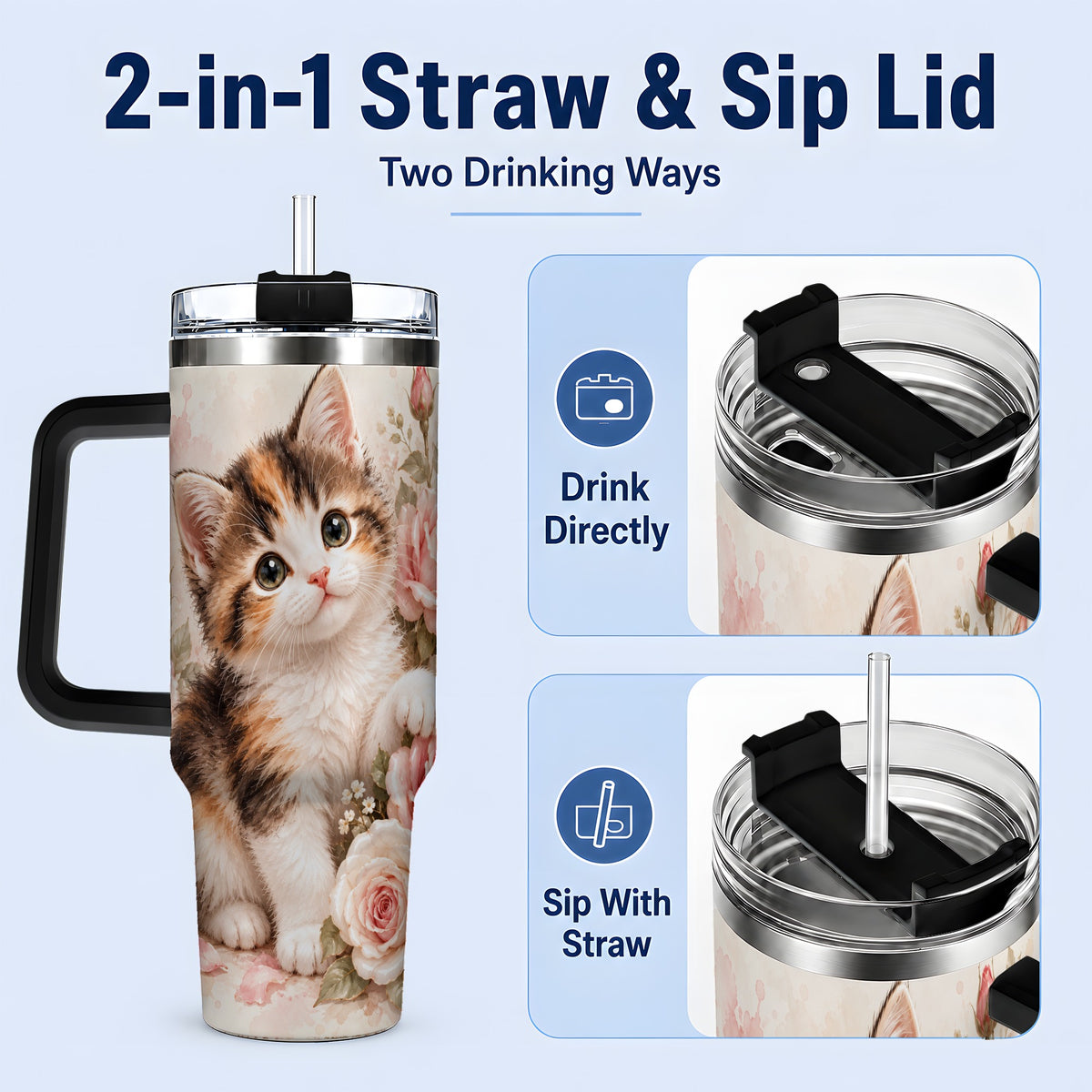 #pl[40oz|Black] Calico Kitten Roses 40oz Tumbler for Cat Lovers