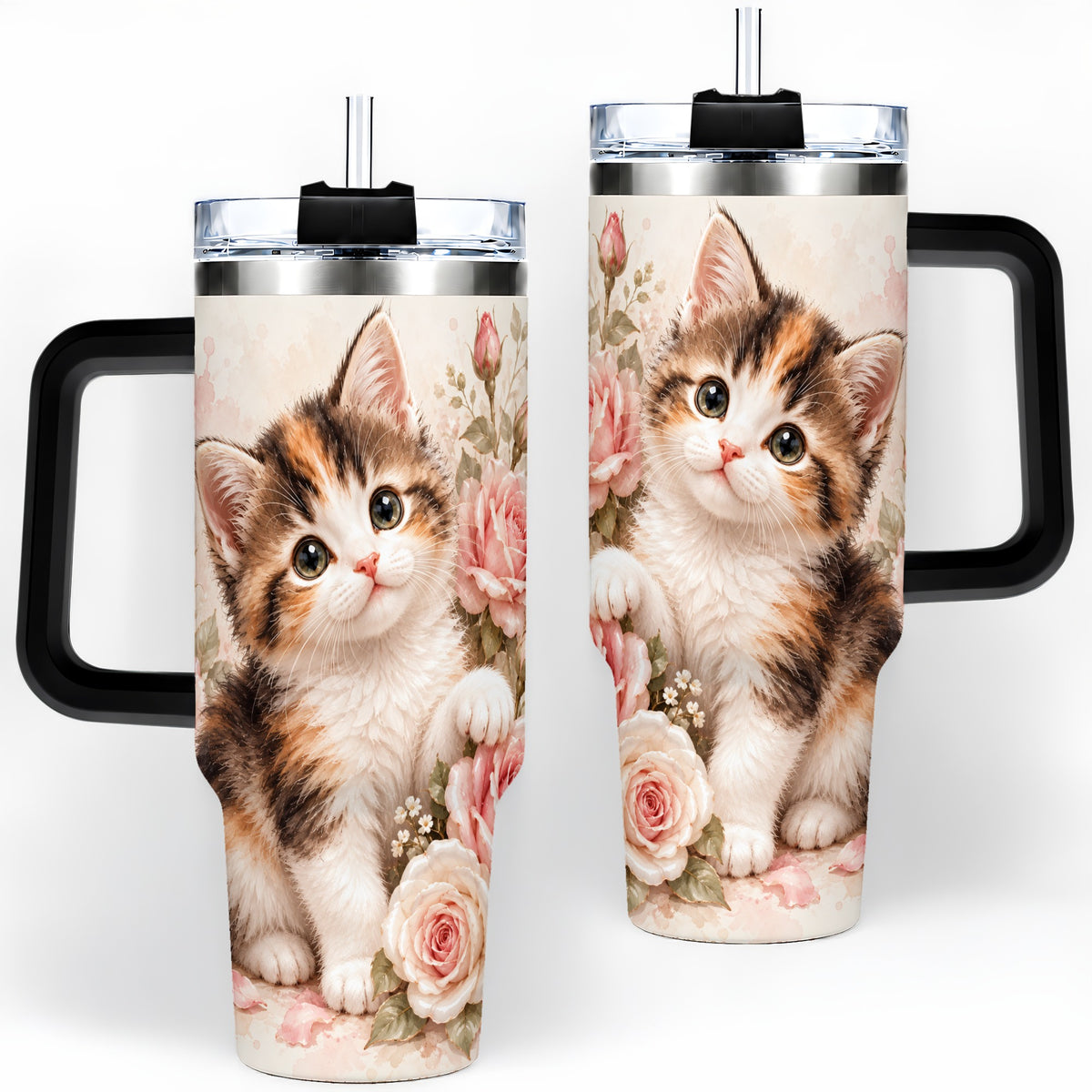 #pl[40oz|Black] Calico Kitten Roses 40oz Tumbler for Cat Lovers