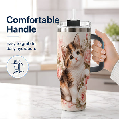 #pl[40oz|Black] Calico Kitten Roses 40oz Tumbler for Cat Lovers