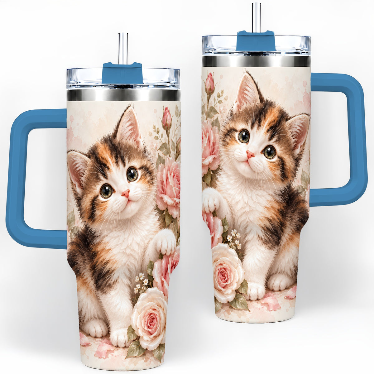 #pl[40oz|Blue] Calico Kitten Roses 40oz Tumbler for Cat Lovers