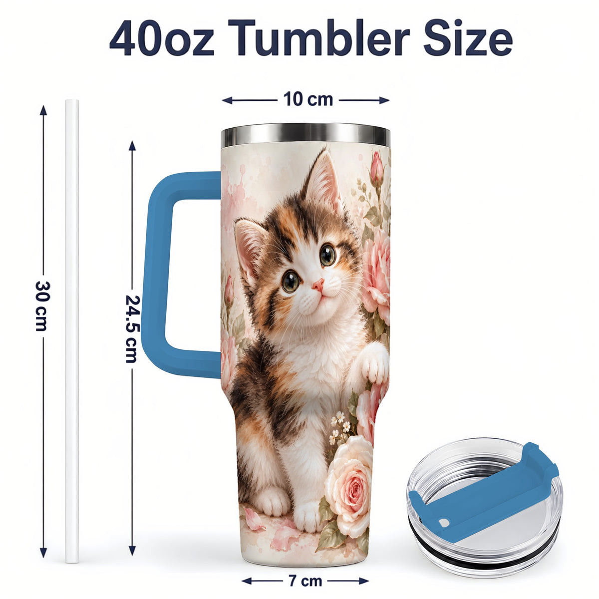 #pl[40oz|Blue] Calico Kitten Roses 40oz Tumbler for Cat Lovers