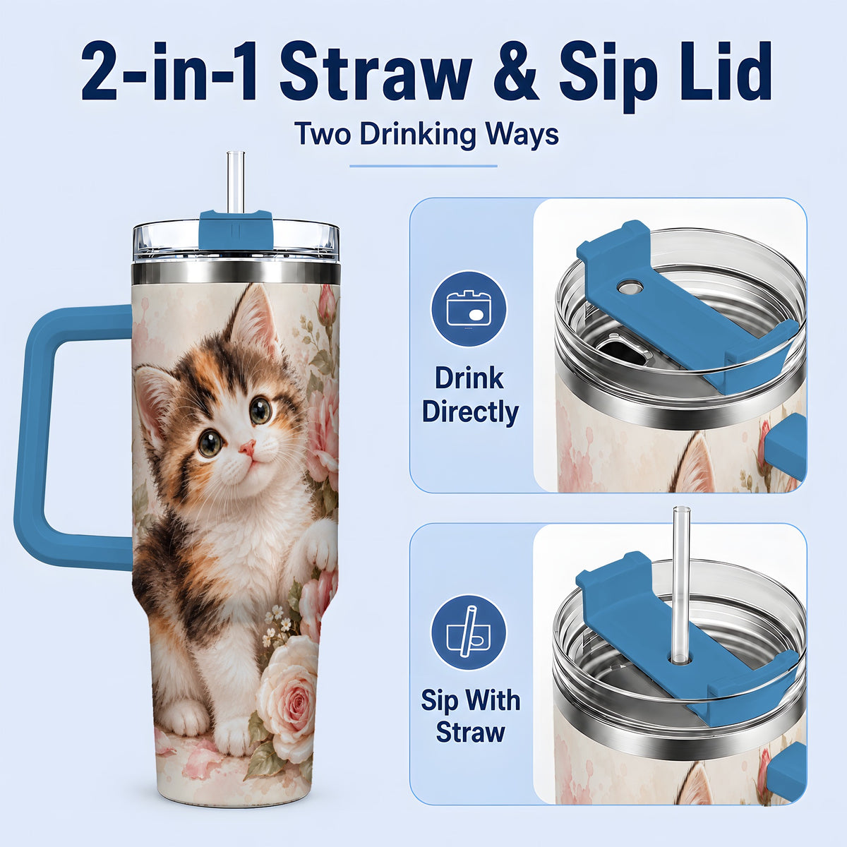 #pl[40oz|Blue] Calico Kitten Roses 40oz Tumbler for Cat Lovers