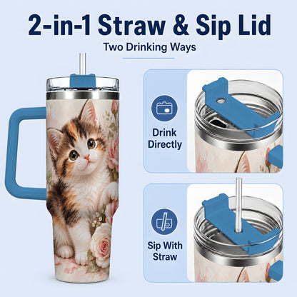 #pl[40oz|Blue] Calico Kitten Roses 40oz Tumbler for Cat Lovers
