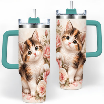 #pl[40oz|Green] Calico Kitten Roses 40oz Tumbler for Cat Lovers