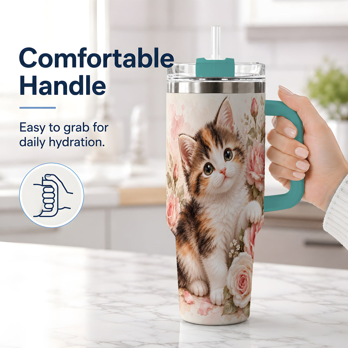 #pl[40oz|Green] Calico Kitten Roses 40oz Tumbler for Cat Lovers