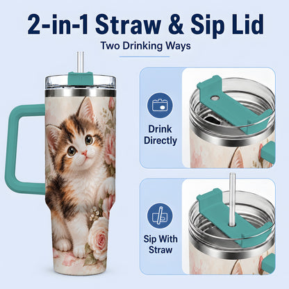 #pl[40oz|Green] Calico Kitten Roses 40oz Tumbler for Cat Lovers