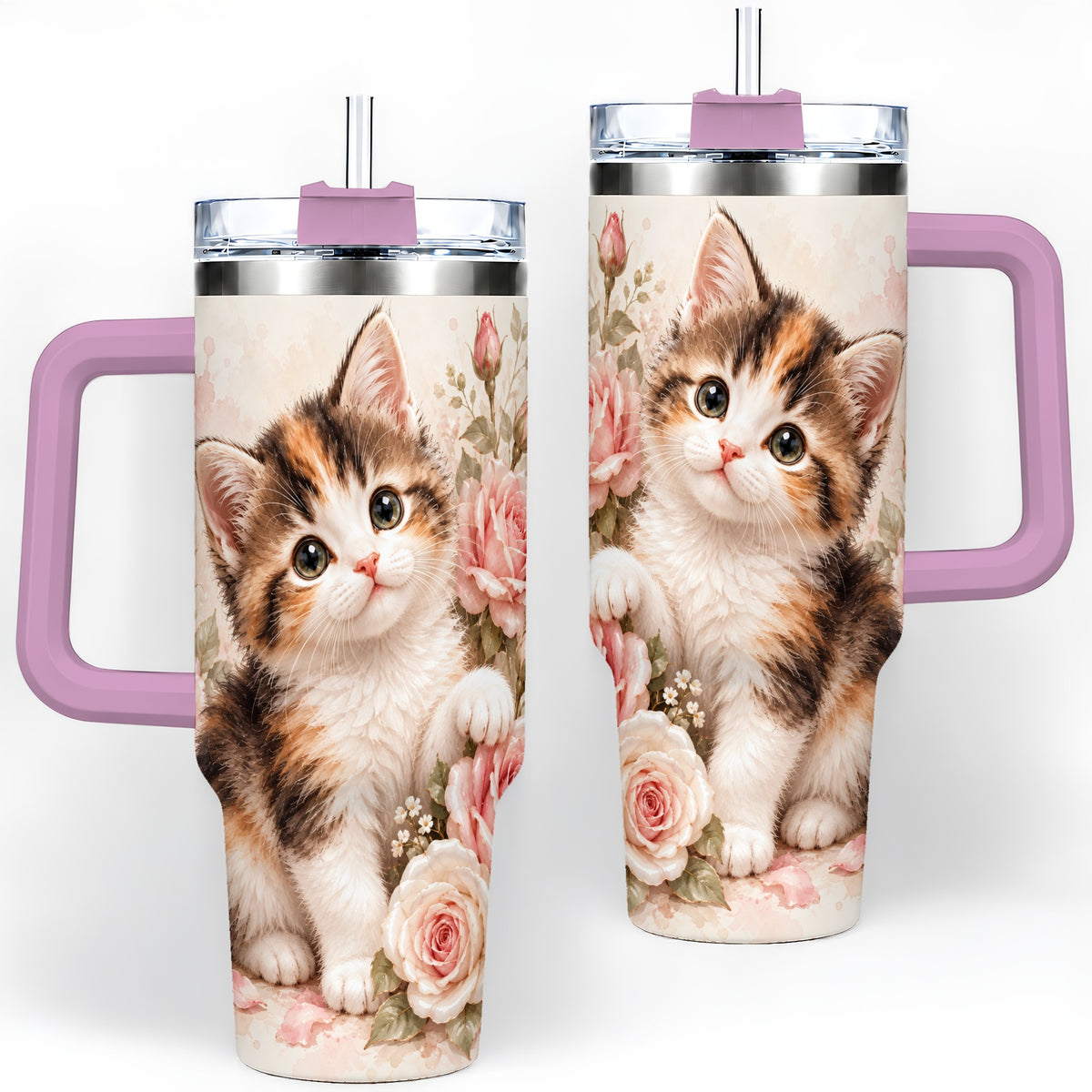 #pl[40oz|Pink] Calico Kitten Roses 40oz Tumbler for Cat Lovers