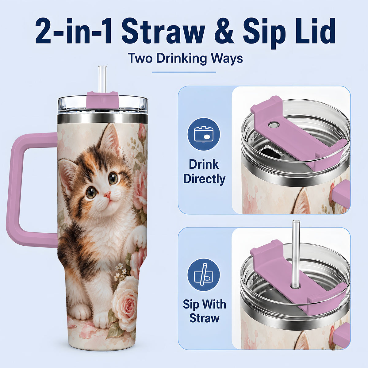 #pl[40oz|Pink] Calico Kitten Roses 40oz Tumbler for Cat Lovers