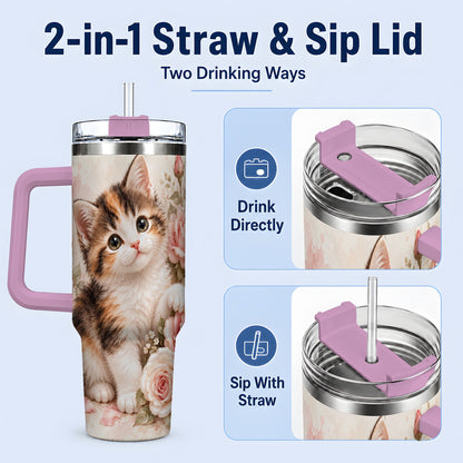 #pl[40oz|Pink] Calico Kitten Roses 40oz Tumbler for Cat Lovers