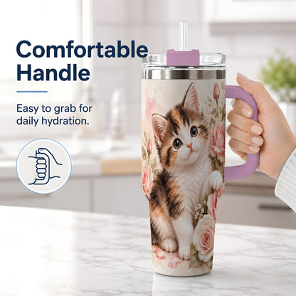 #pl[40oz|Pink] Calico Kitten Roses 40oz Tumbler for Cat Lovers