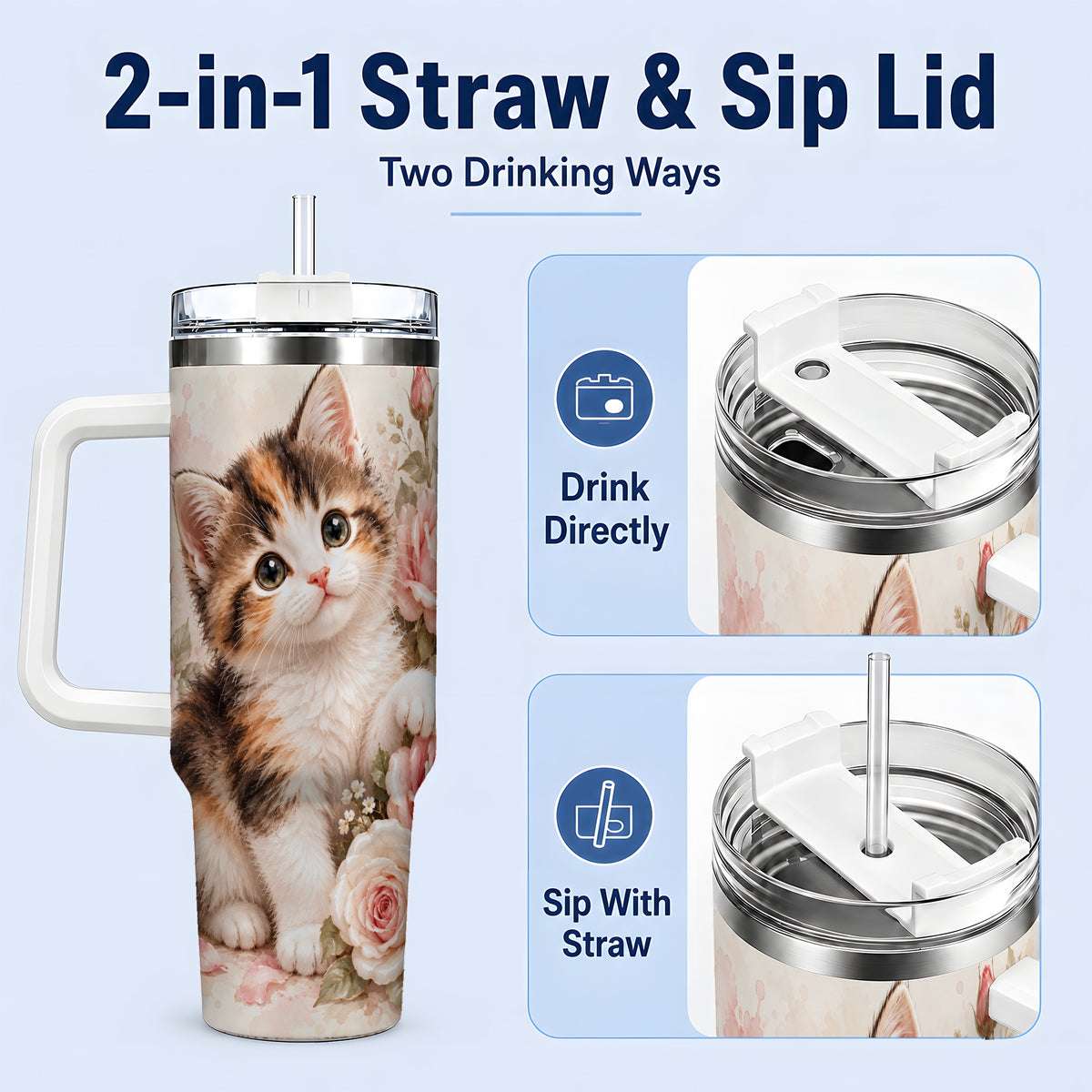 #pl[40oz|White] Calico Kitten Roses 40oz Tumbler for Cat Lovers
