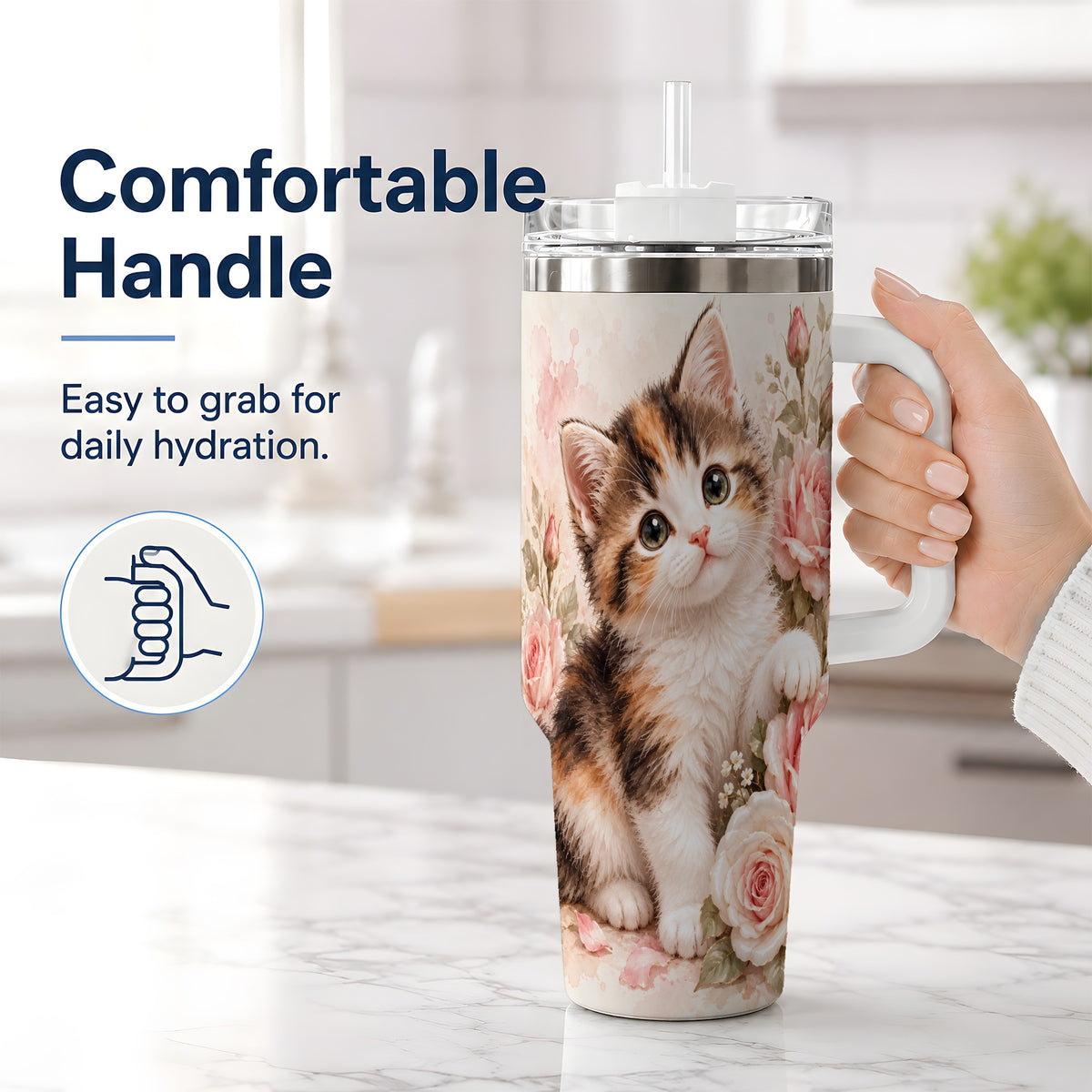#pl[40oz|White] Calico Kitten Roses 40oz Tumbler for Cat Lovers