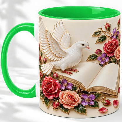 #pl[11oz|Green] White Dove Floral Accent Mug, Ceramic Mug with Rose Artwork