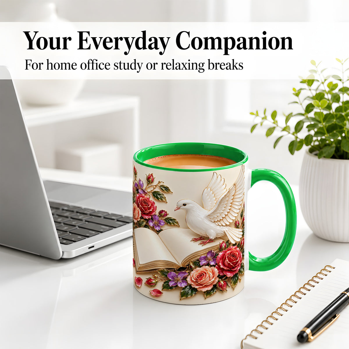 #pl[11oz|Green] White Dove Floral Accent Mug, Ceramic Mug with Rose Artwork