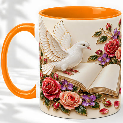 #pl[11oz|Orange] White Dove Floral Accent Mug, Ceramic Mug with Rose Artwork