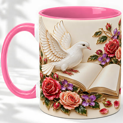 #pl[11oz|Pink] White Dove Floral Accent Mug, Ceramic Mug with Rose Artwork